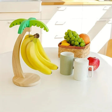 Creative imitation leaf decorative wooden banana tree hanging rack with hooks, fruit storage shelf