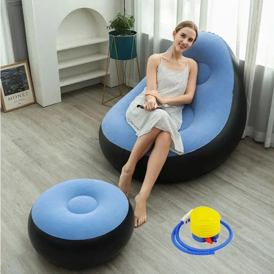 Inflatable Lounge Chair, Outdoor Foldable Portable Lazy Sofa With Footstool, Living Room And Bedroom Air Sofa Set