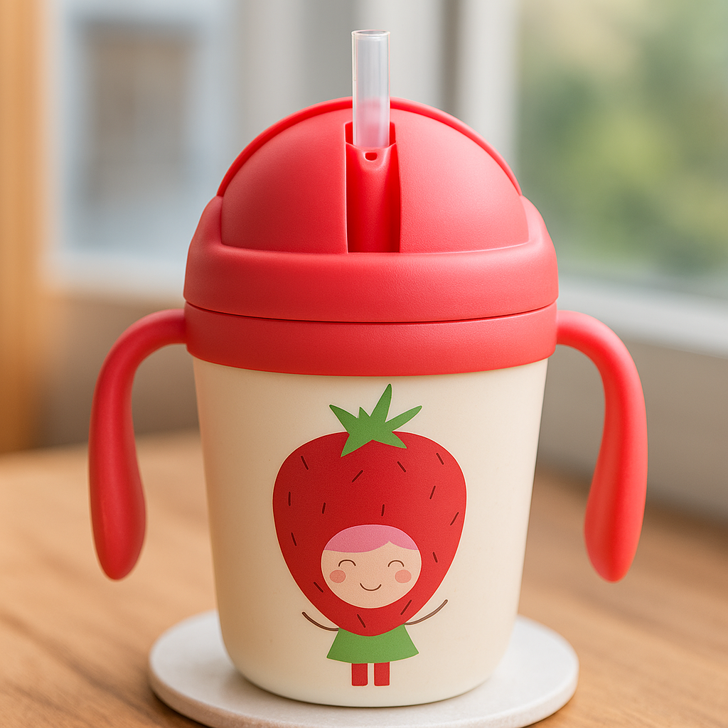 Cute Strawberry Baby Sippy Cup with Handles & Silicone Straw | Leak-Proof BPA Free