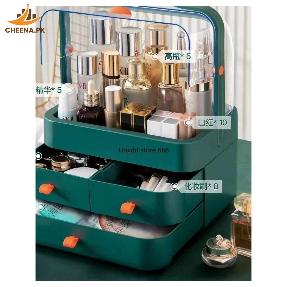 Premium Dustproof Makeup Organizer with Handle & Drawers – Portable Cosmetic Storage Box | cheena.pk